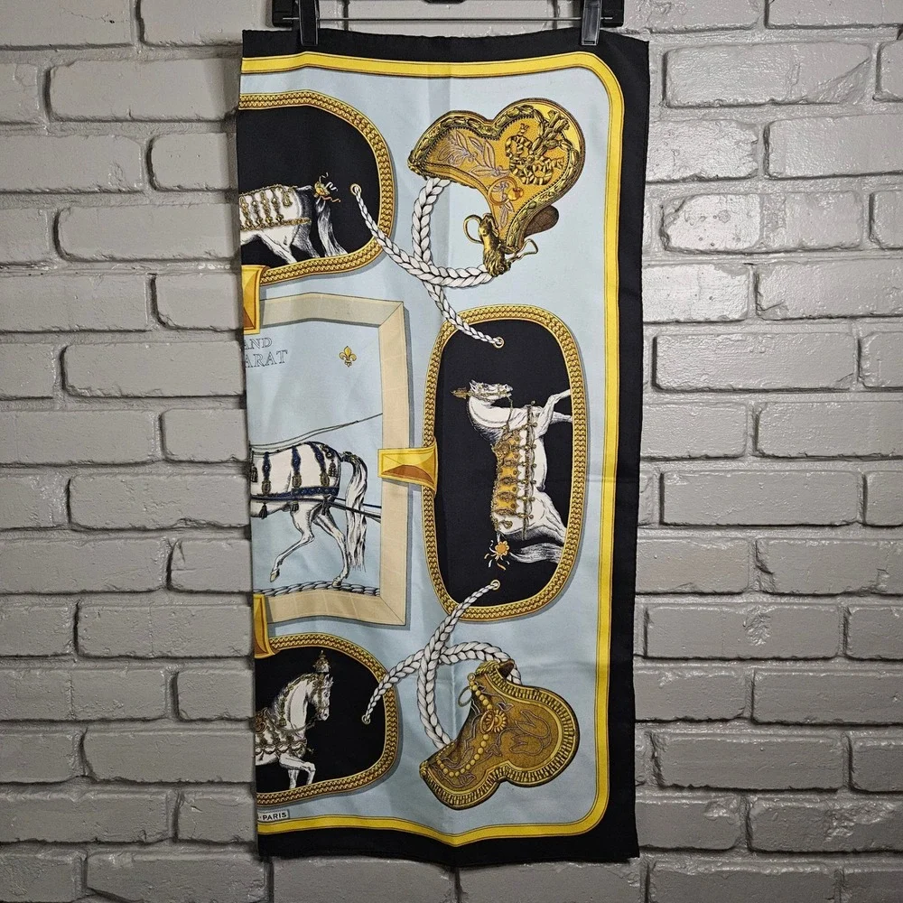 Hermes Grand Apparat Silk Scarf Jacques Eudel Blue‎ Black Gold Equestrian 16.5in